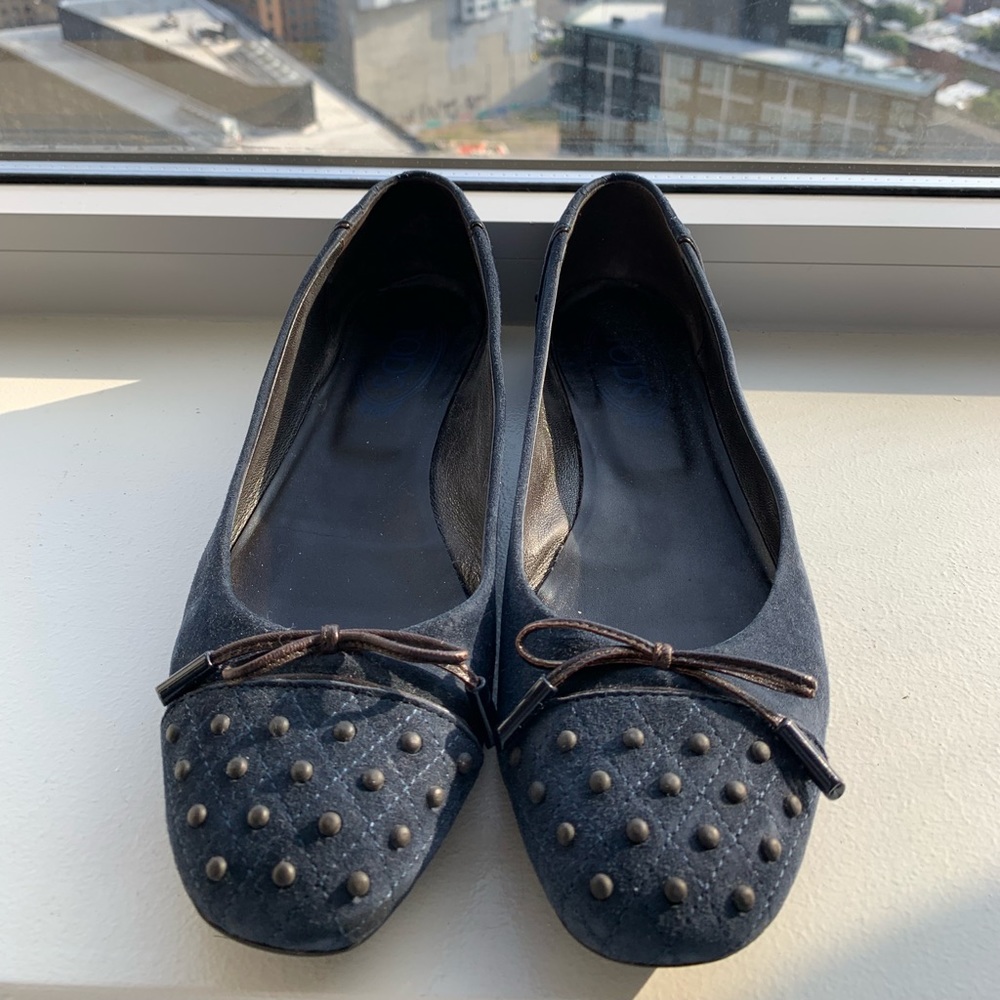 Tods Navy Blue Suede Studded Ballet Flats